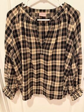 Nomad Black and Cream Plaid V-Neck Peasant Tunic